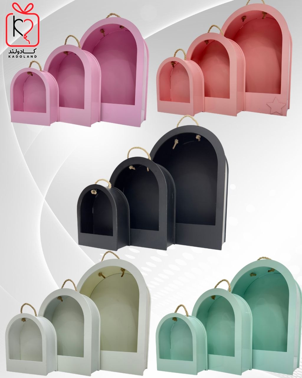 جعبه pvc گنبدی سه سایز  سایز بزرگ:۵۰*۳۵*۱۵. سایز متوسط:۳۶*۲۹*۱۰. سایز کوچک ۲۵*۲۲*۹.  مناسب برای تزئینات کادو ها و گل های شما عزیزان. جنس رویی pvcمی‌باشد  دارای ضخامت بالا  در ۵رنگ بندی زیبا و خاص قیمت ها به صورت عمده میباشن
